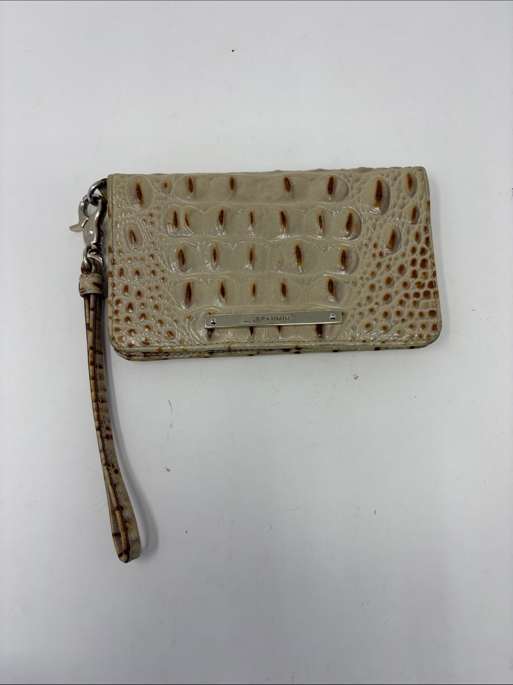 Brahmin beige croc-embossed leather wristlet with detachable strap